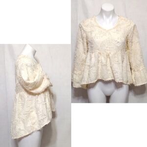Women's Fuzzy Coquette Babydoll V-Neck Bell Sleeve High Low Blouse Small
